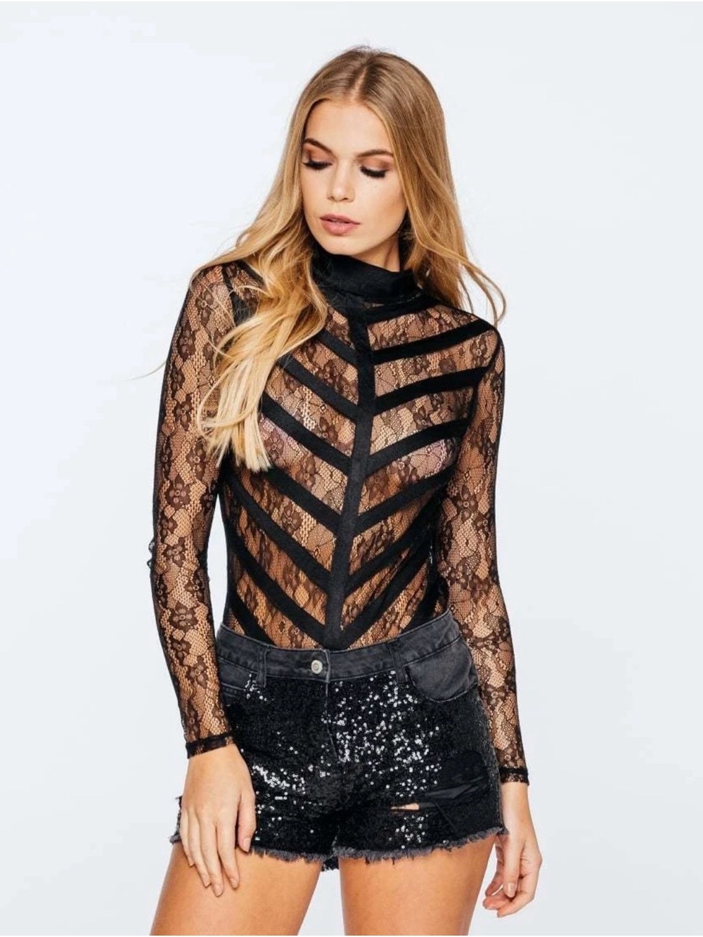 Parisian Works Black Lace Chevron Mock-Neck Long Sleeve Top